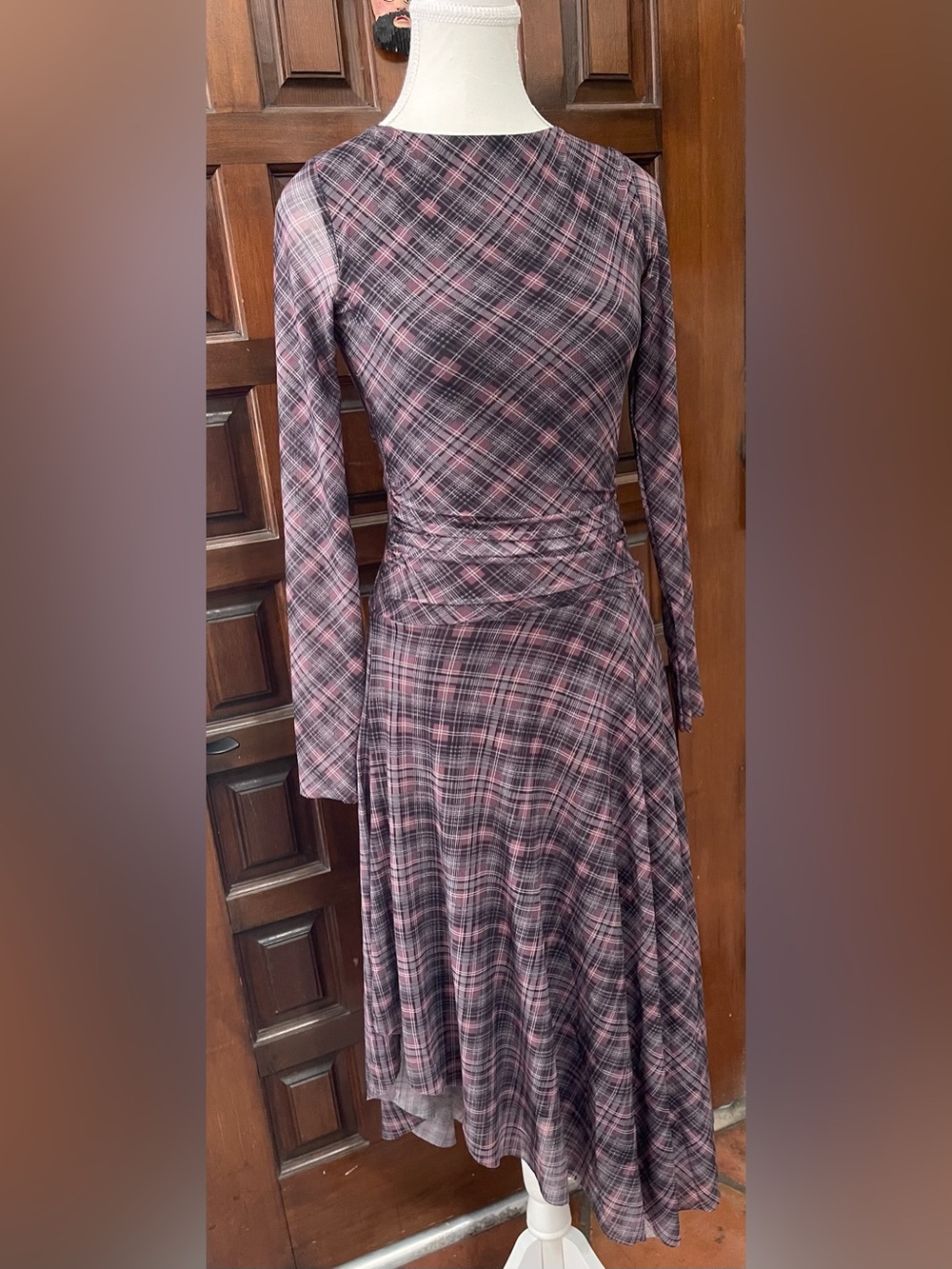 Zara Purple Plaid Sheer Long-Sleeve Asymmetrical Midi Dress Open Back NWT Size S